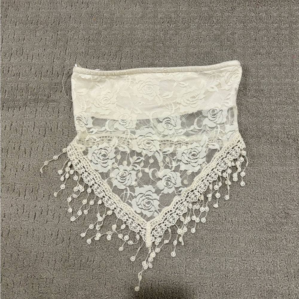 Edikted White Lace Crop Top with Beaded Fringe